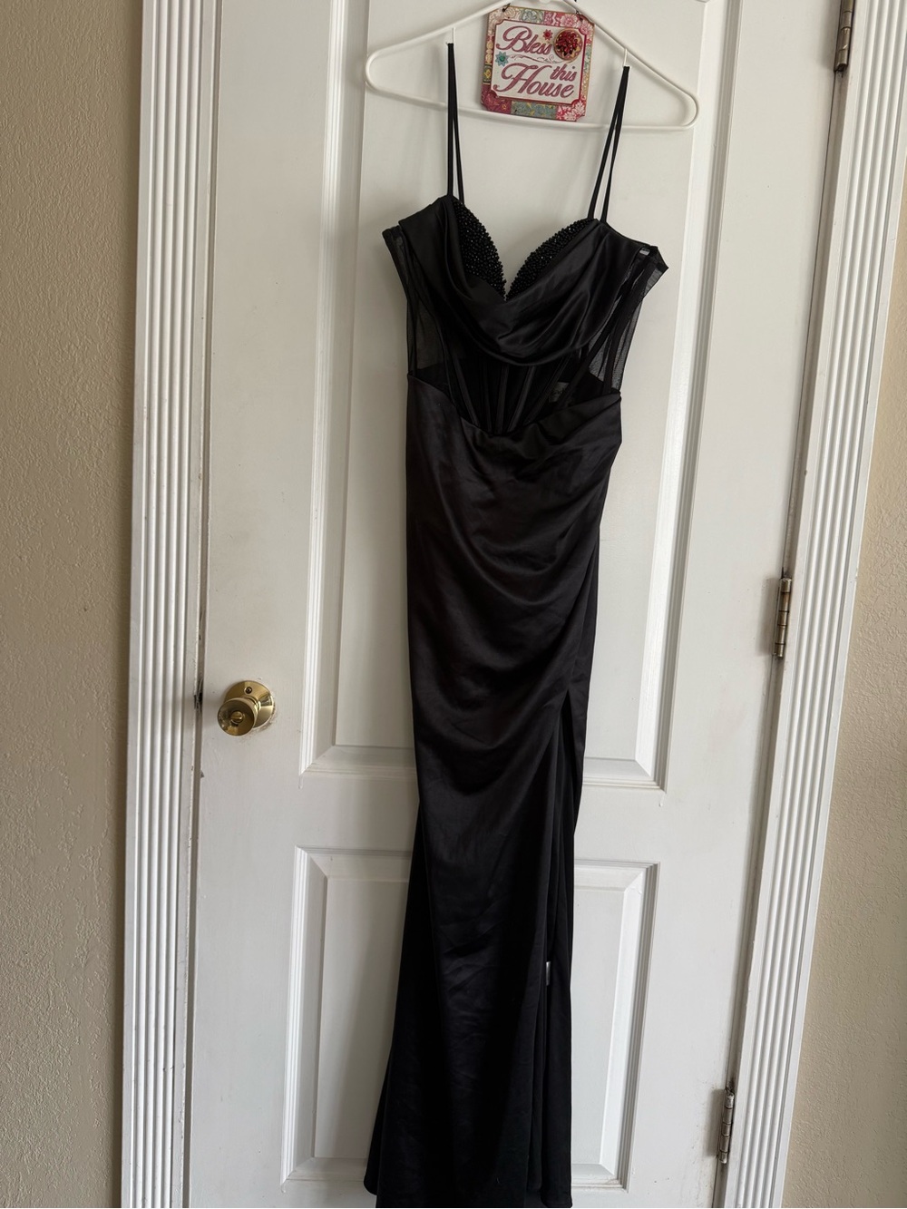 Black Satin Prom Dress with Mesh Bodice and Spaghetti Straps